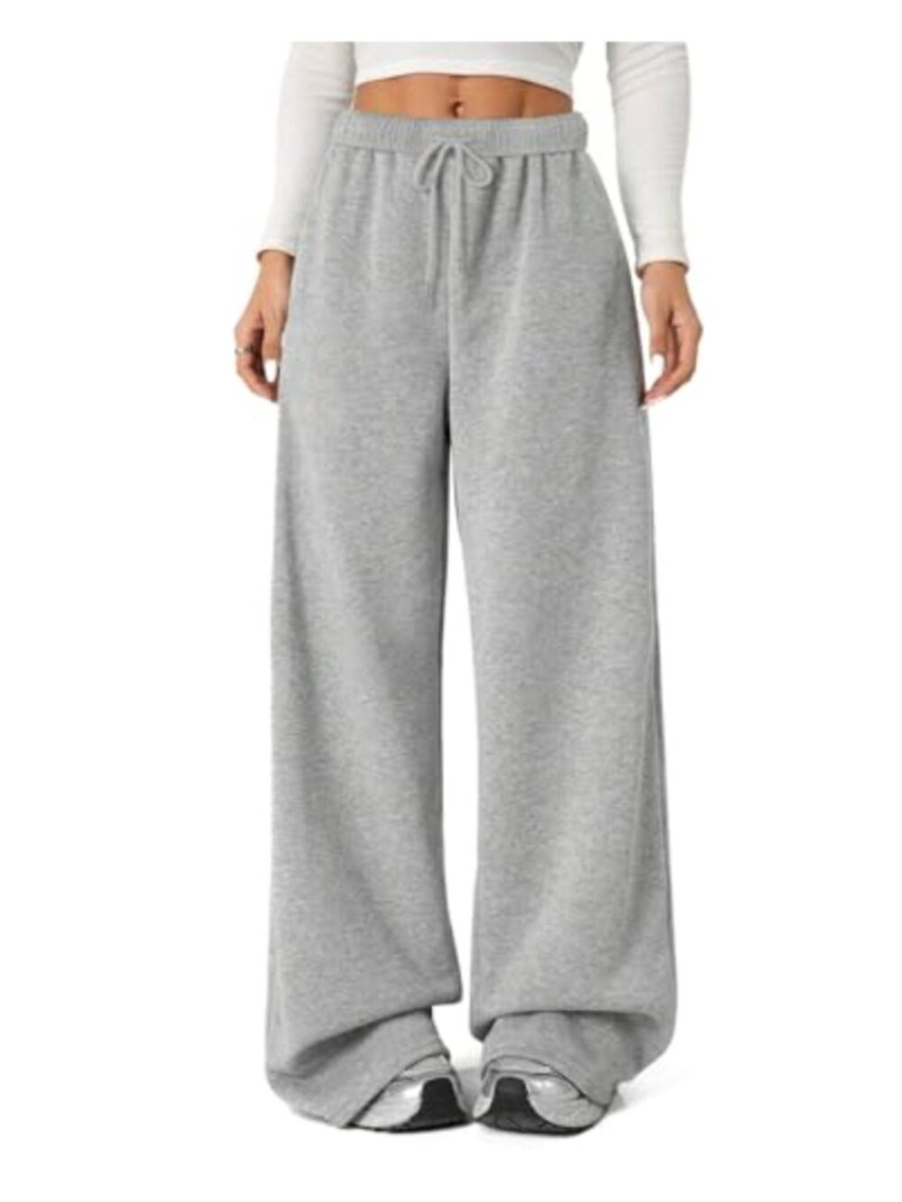 Fleece Lined Wide Leg Sweatpants Cotton Thermal High Rise Drawstring Pockets